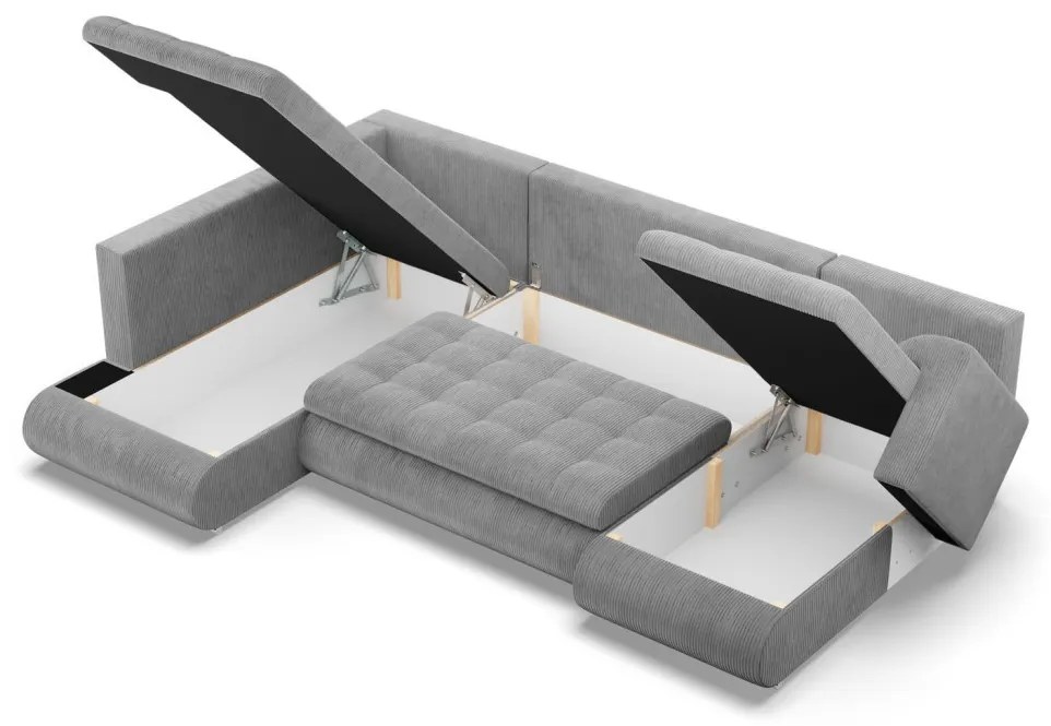 Tokio U sarokkanapé, 3 ágyneműtartóval, kordbársony, baloldali, szürke