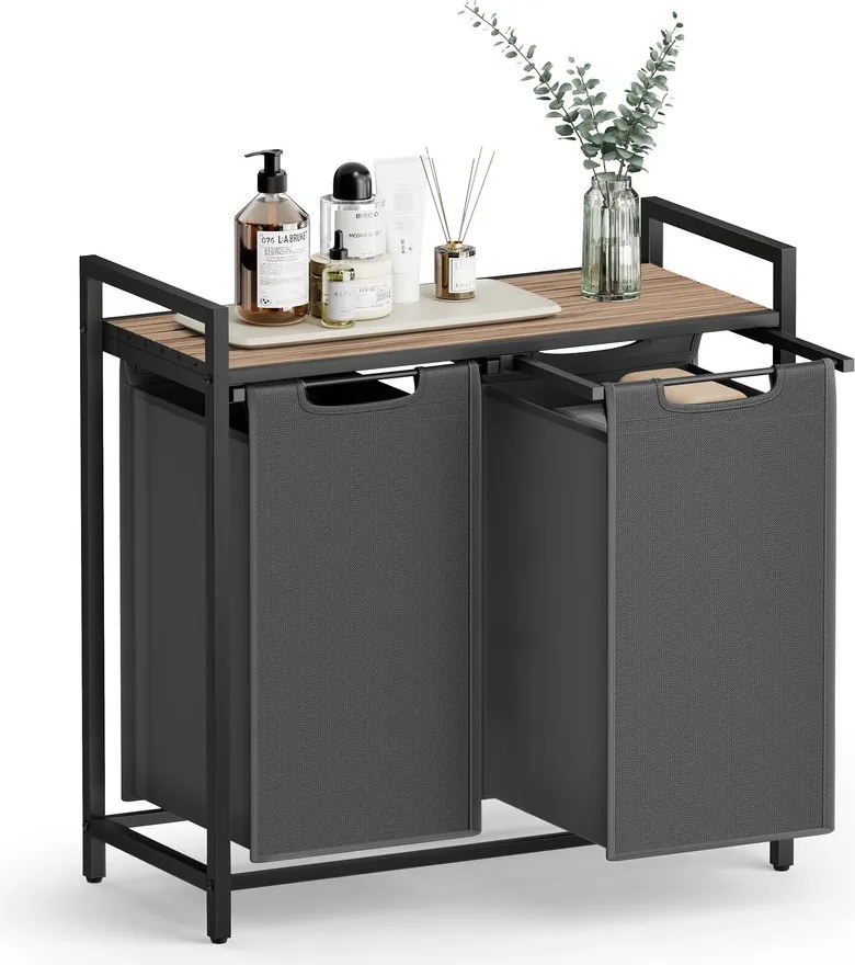 Szennyeskosár, 2 rekeszes szennyestartó, 2 × 46 l, 73 × 33 × 72 cm, tevebarna és szürke