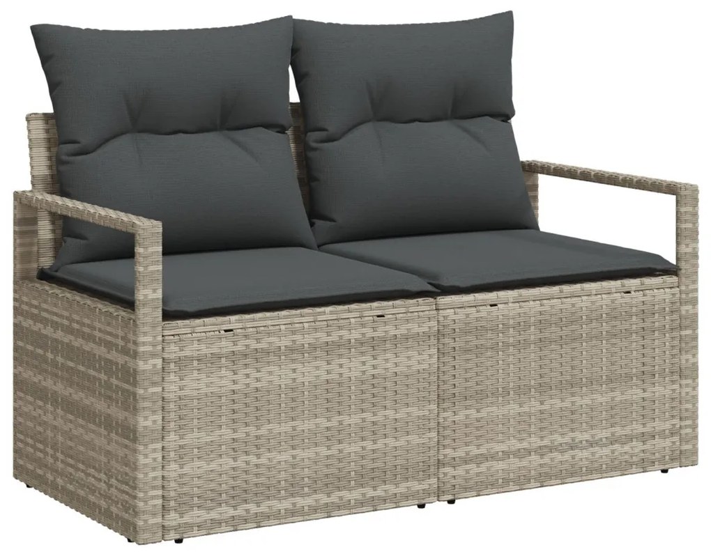 8 darabos Kert Sofa Szett Párnákkal Világosszürke Poli Rattan, 2-Személyes Kert Sofa Párnákkal Szürke Poli Rattan