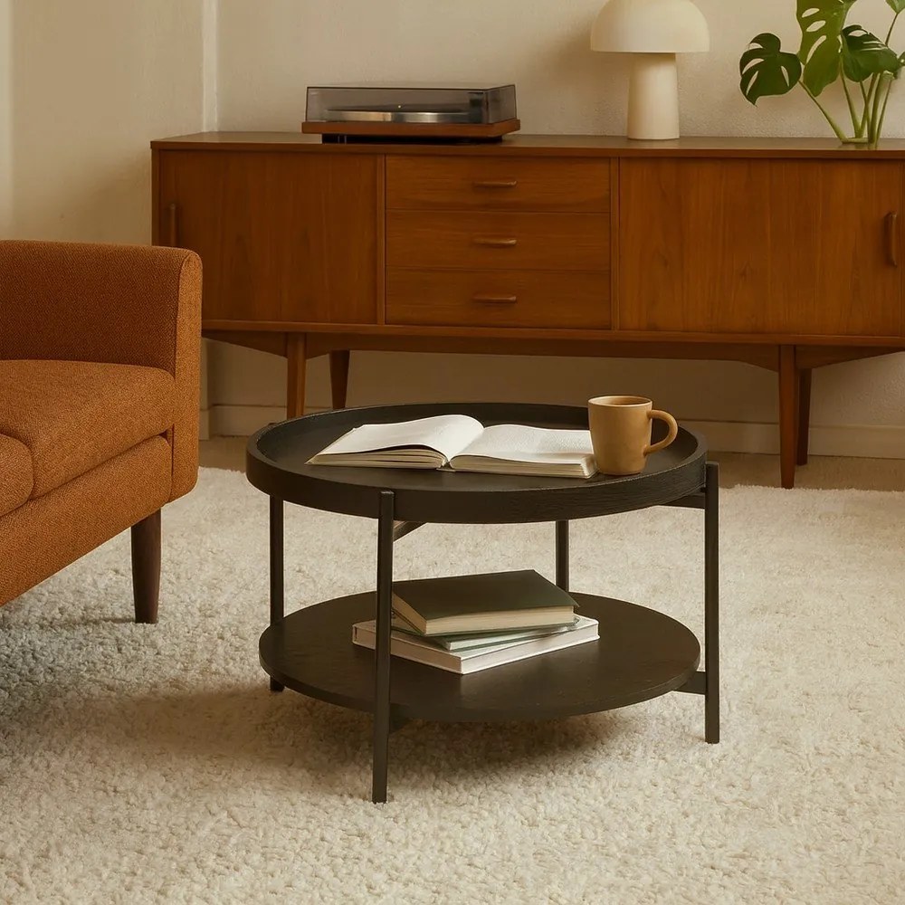 Fekete kerek dohányzóasztal tölgyfa dekorral ø 64 cm Hagen – Bonami Essentials