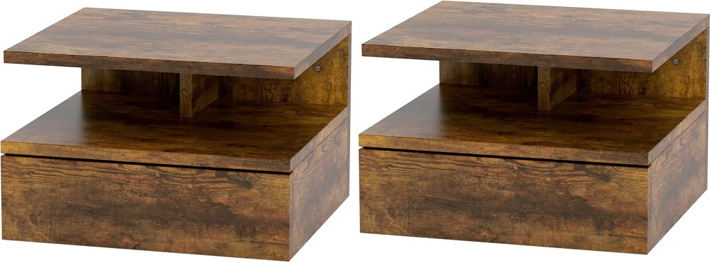 HOMCOM 2 db Fali Hálószobai Éjjeliszekrény, Modern Éjjeliszekrény, Fiókkal és Tetején Polccal, 35x32x22.5cm, Rusztikus Barna | Aosom