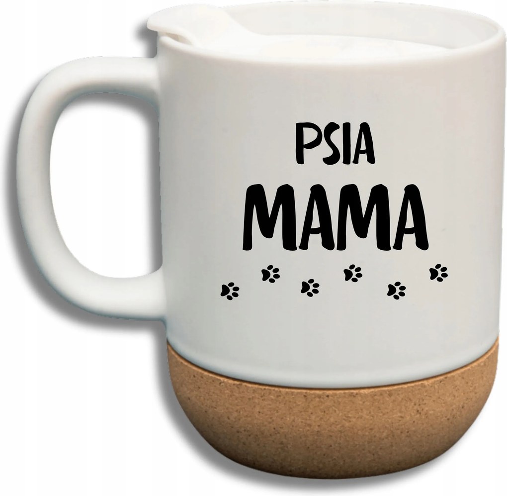 Fehér Bögre Fedéllel És Parafa Aljjal Ajándék Kutya Mama