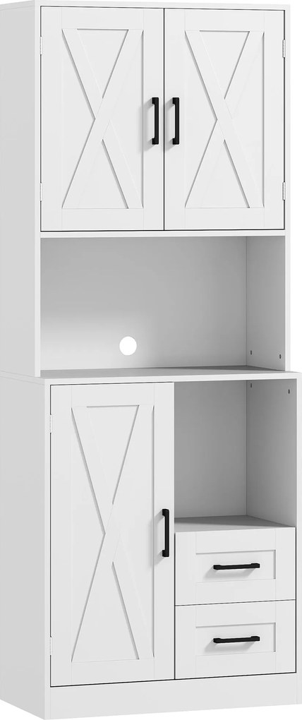 HOMCOM Rusztikus Konyhai Kamra Konyhaszekrény 3 Ajtóval, Nyitott Rekeszekkel, 2 Fiókkal, Kábelnyílással és Állítható Polcokkal 70x40x180 cm Fehér | Ao