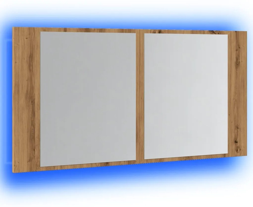 kézműves tölgy szerelt fa tükrösszekrény LED-del 90x12x45 cm