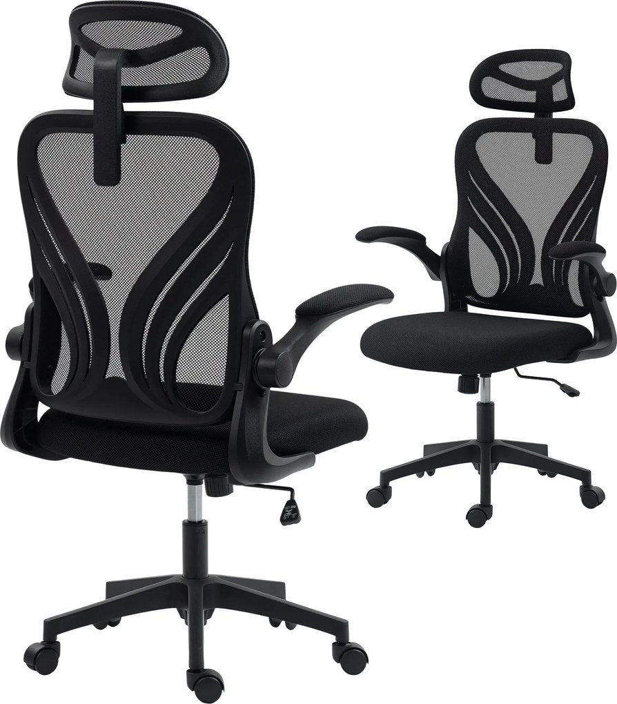 HOMCOM ergonomikus irodai szék, hálós ülés, összecsukható háttámla, 2D fejtámla, felhajtható kartámaszok, deréktámogatás, billentés és 360° forgás — v