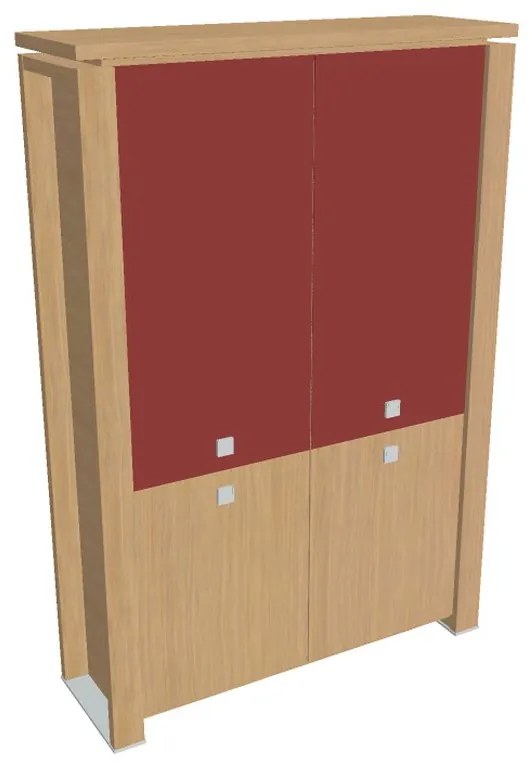 Verno+ magas szekrény 140 x 46 x 210 cm, kombinált ajtó, világos tölgy / piros