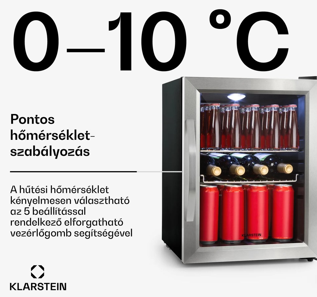 Klarstein Beersafe M, hűtőszekrény, C energiahatékonysági osztály, LED, 2 fém rács, üvegajtó, fekete
