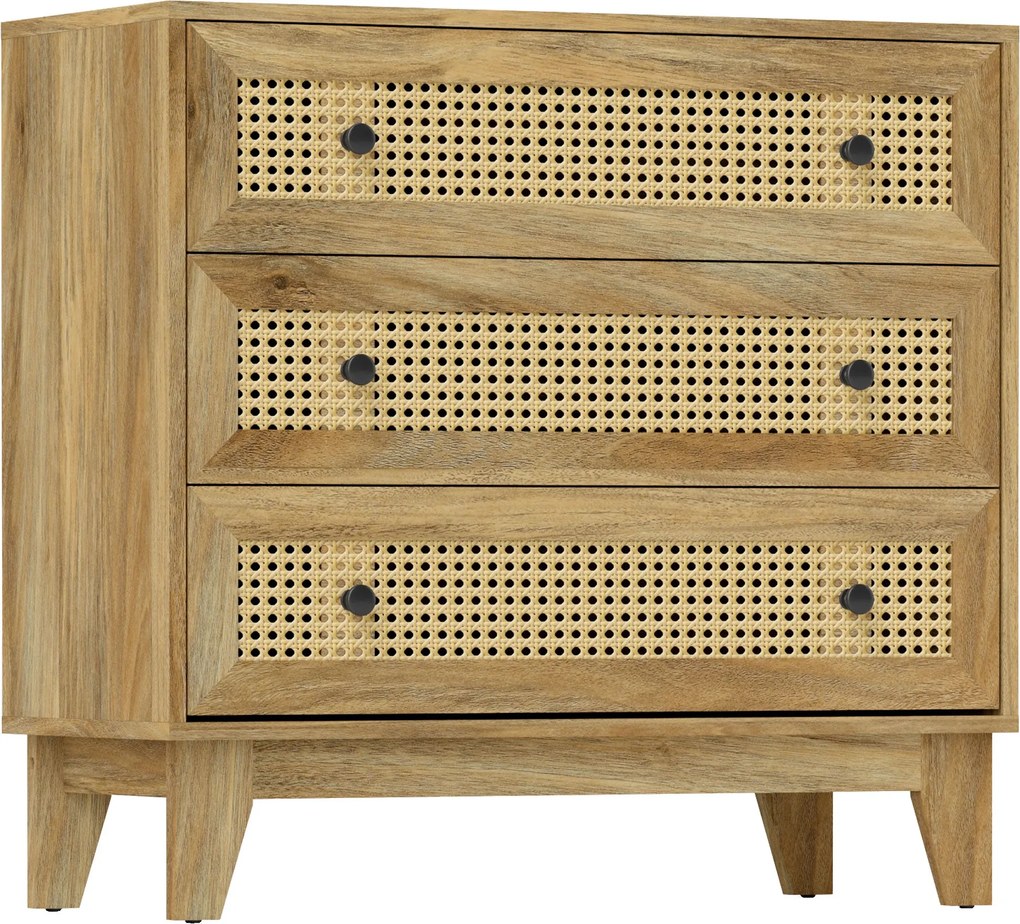 HOMCOM 3-Fiókos Tárolószekrény Rattan Cane 80 x 35 x 76 cm Világos Fa Megjelenés | Aosom