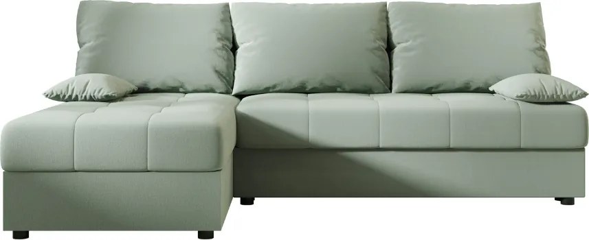 Ágyazható, kétoldalas L alakú kanapé VENORIA SLIM 200x143 cm, világoszöld színű + 2 db díszpárna INGYEN