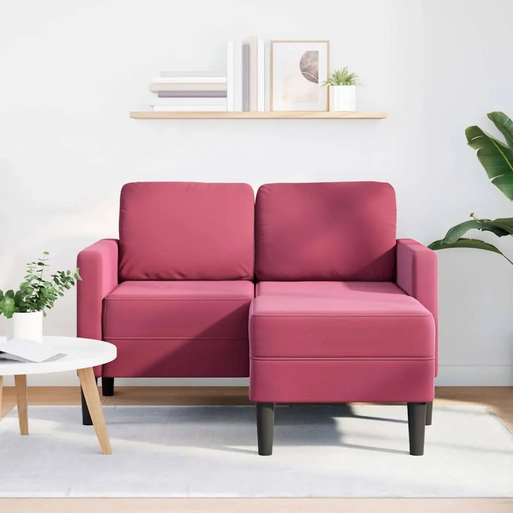 borvörös bársony 2 üléses kanapé L-alakú kanapéval 125 cm