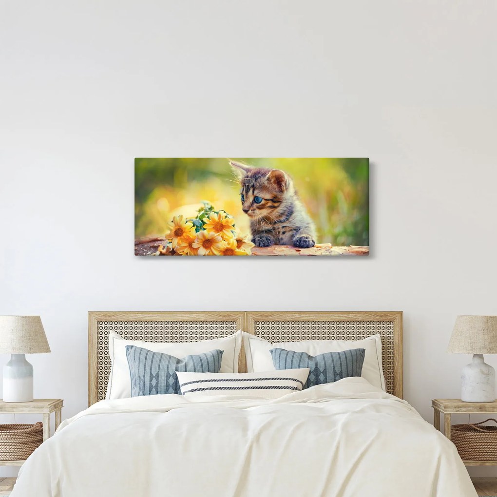 Macska képe ahogy a virágot nézi (120x50 cm)