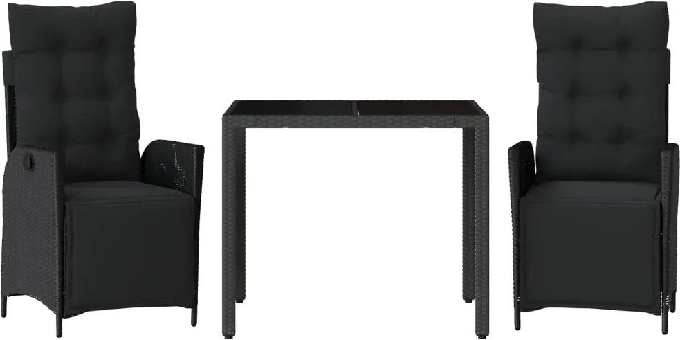 vidaXL 3 részes fekete polyrattan kerti étkezőgarnitúra párnákkal