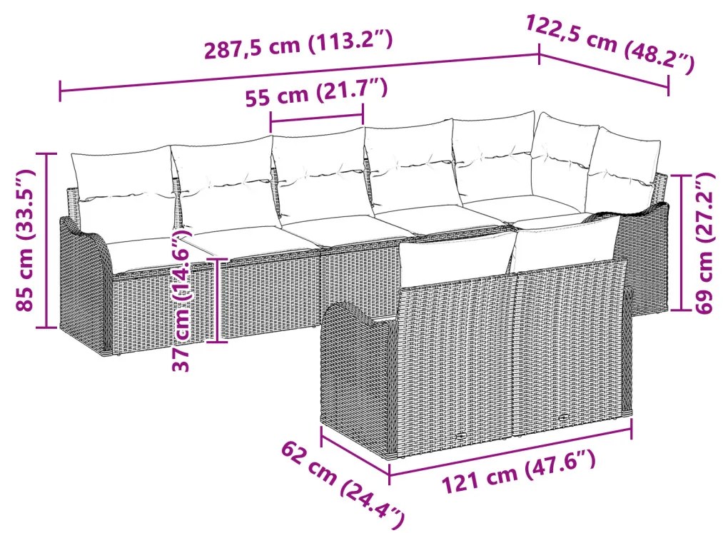 8 darabos kerti kanapé szett párnákkal világosszürke poli rattan, 2 fős kerti kanapé párnákkal világosszürke poli rattan