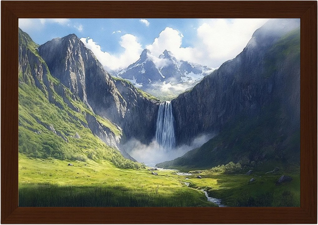 Poszter Keret Fa Tájkép Hegyek Csúcsok Panoráma Vízesés Folyó 60x40