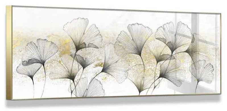 Keretezett üveg falikép, arany-fekete ginko biloba, 50x125 cm, fehér - GINKO NOR ET OR
