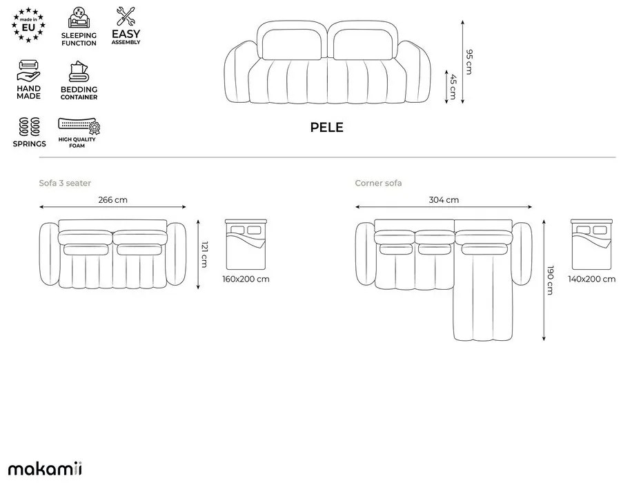 Zöld buklé kinyitható-tárolóhelyes sarokkanapé (jobb oldali-heverő résszel) Pele – Makamii