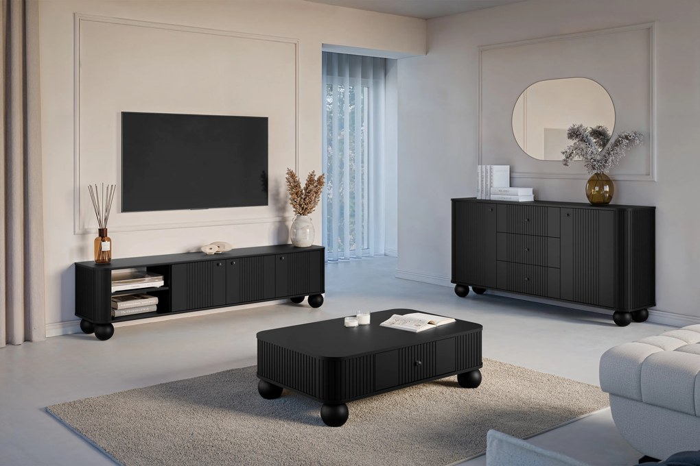 Vesper 3D tévéállvány 187 cm – fekete / fekete fogantyúk / gömb alakú lábak