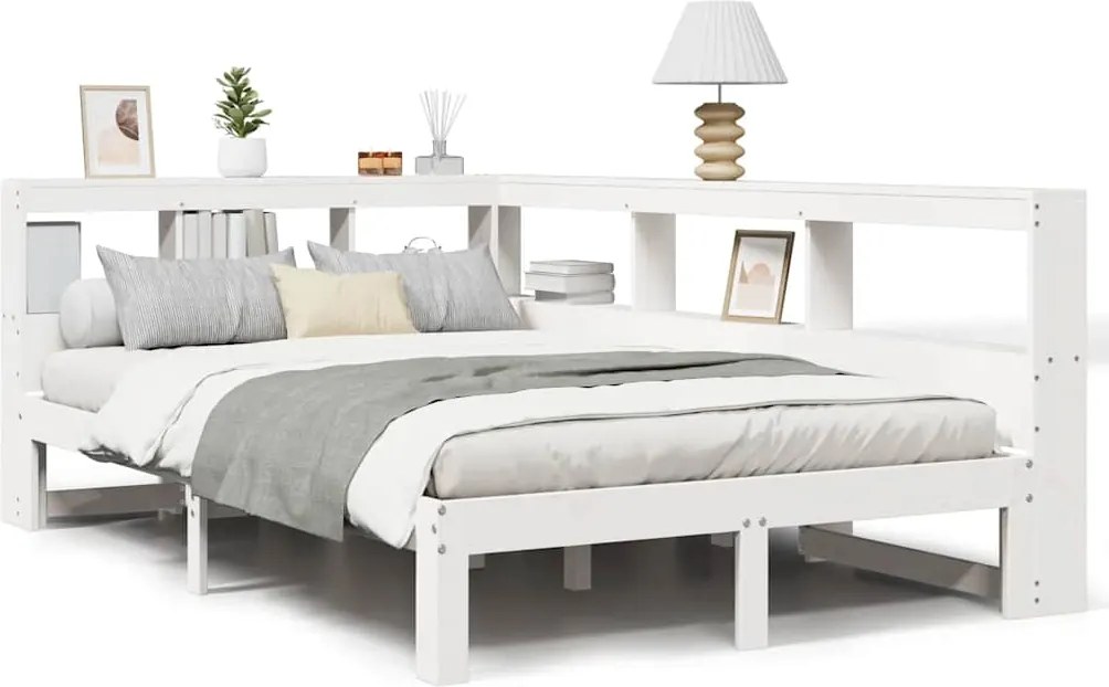 vidaXL fehér tömör fenyőfa könyvespolcos ágy matrac nélkül 135x190 cm