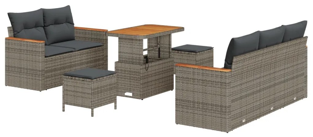 8 részes kerti kanapé szett párnákkal, szürke poli rattan akáccal, 3 részes kerti étkező szett párnákkal, szürke poli rattan akáccal