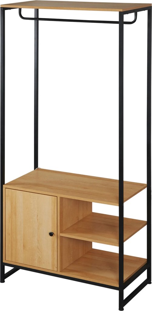HOMCOM Fém és Fa Ipari Stílusú Ruhatartó, Szekrény Belső Polccal és 2 Nyitott Oldalsó Rekesszel, 80x40x180cm, Természetes | Aosom