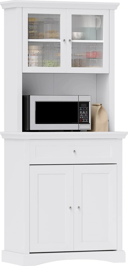 HOMCOM Modern Konyhai Kamra Szekrény 1 Fiókkal, 2 Üvegajtóval és Állítható Polcokkal, 50 kg Teherbírás a Nappaliba és Étkezőbe 79x40x180 cm Fehér | Ao