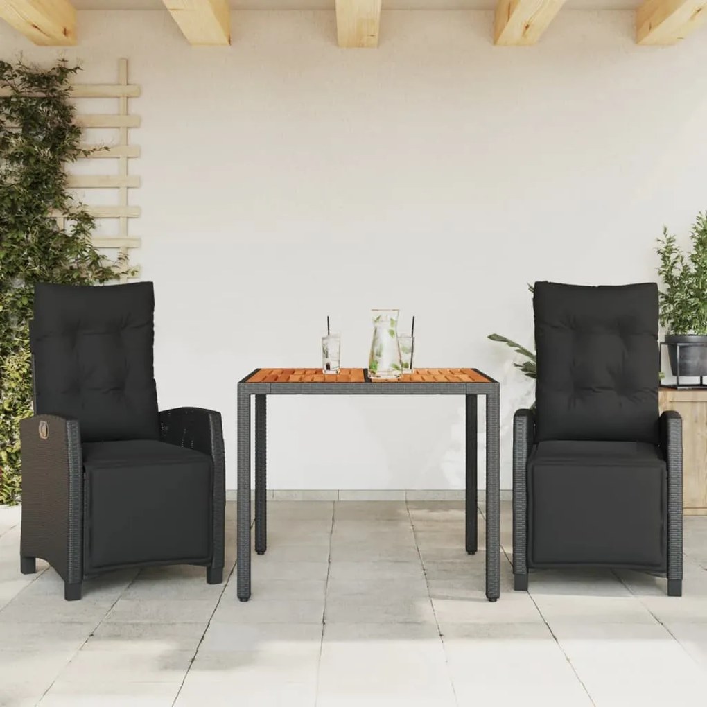 3 részes fekete polyrattan kerti étkezőgarnitúra párnákkal