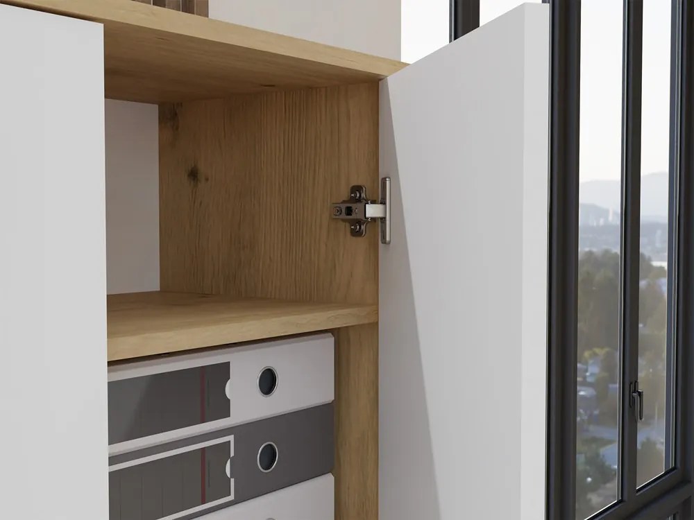 Oliv 2D könyvespolc, irodaiszekrény, 74x180x35 cm, tölgy-fehér