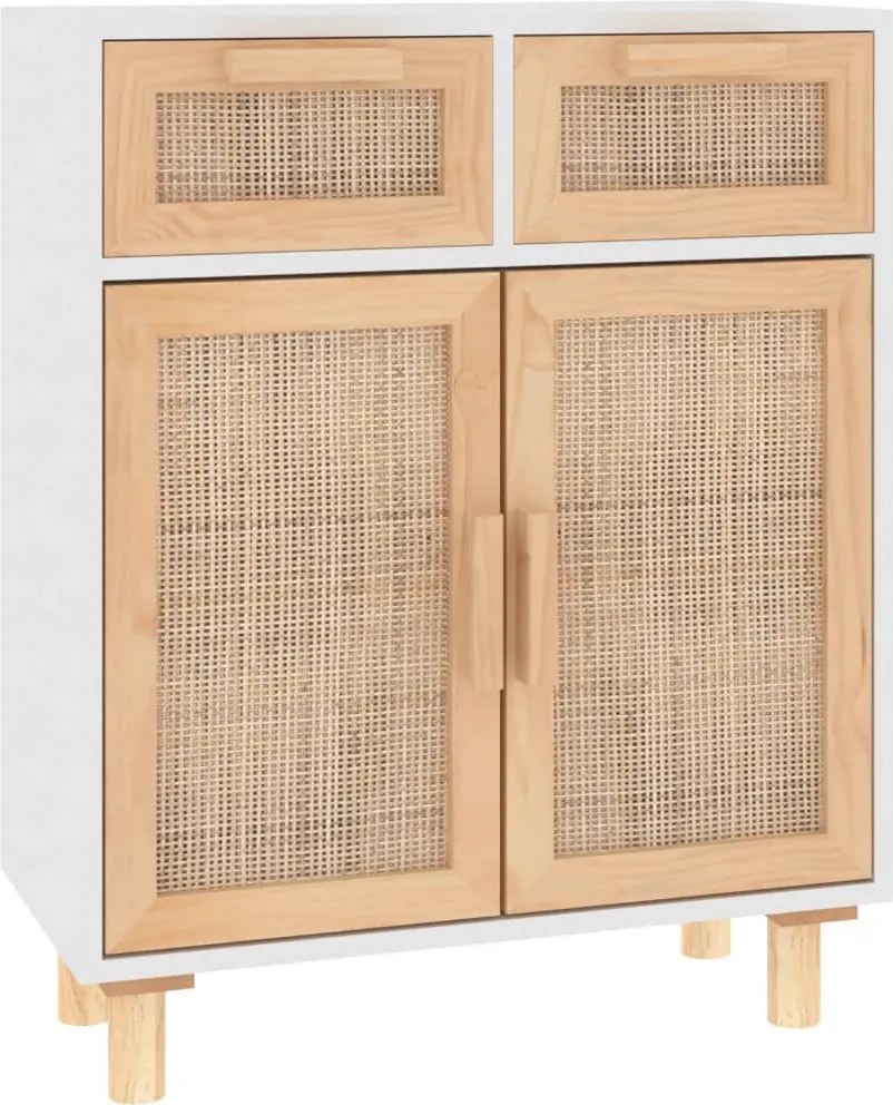 vidaXL fehér tömör fenyő/természetes rattan tálalószekrény 60x30x75 cm