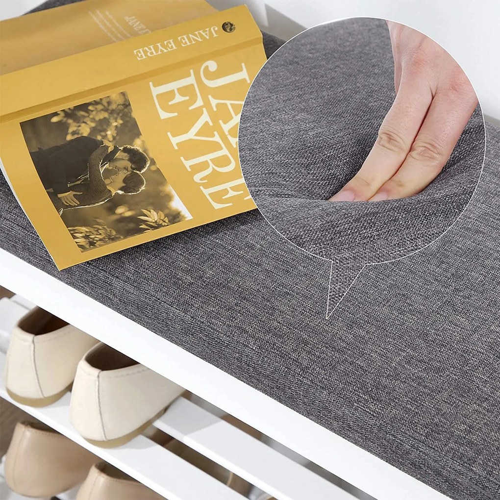 Bambusz cipőpad,2 polcos cipőtároló pad, fehér és szürke 71 x 29 x 49 cm