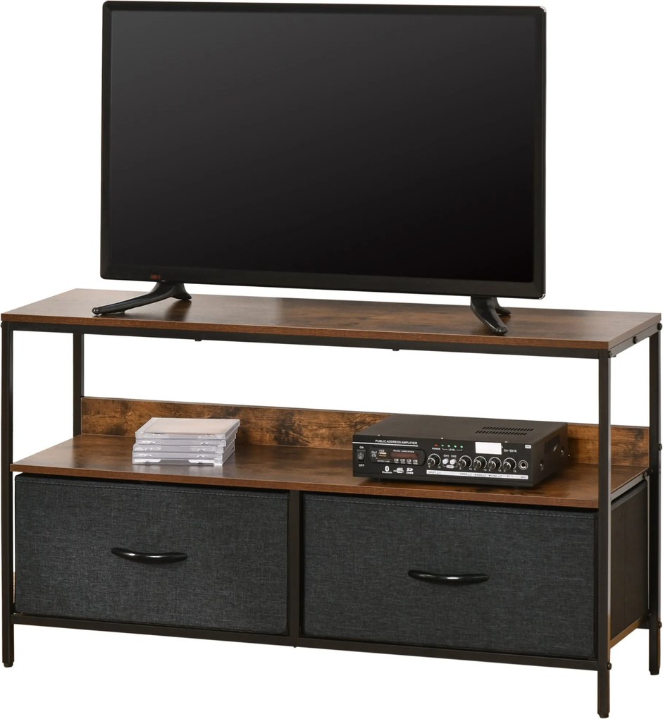 HOMCOM TV Állvány 47"-ig terjedő TV-khez, Ipari Stílusú TV Asztal Polccal és 2 Hajtható Textil Fiókkal, Nappali és Hálószoba 98x29x56 cm, Rusztikus Ba