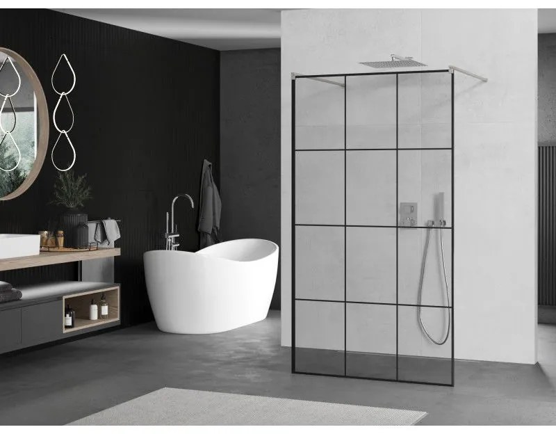 Mexen Kioto, Walk-In zuhany paraván 100 x 200 cm, 8 mm üveg fekete mintás, csiszolt acél profil, 800-100-002-97-77