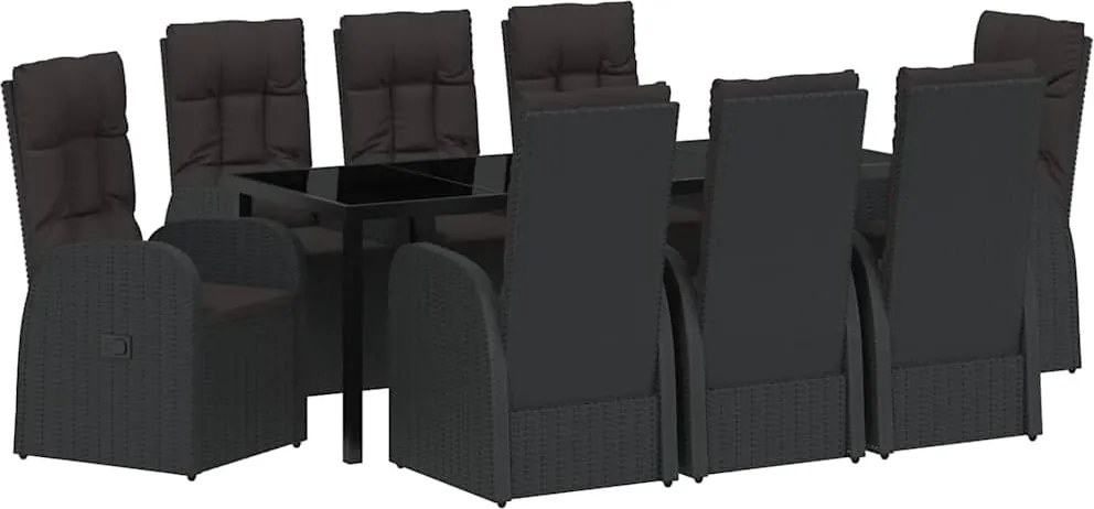 vidaXL Kert étkező szett párnával 9 pcs Fekete polirattan