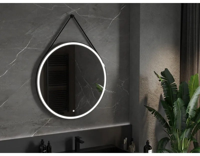 Mexen Reni, LED fürdoszobai tükör háttérvilágítással 90x90 cm, 6000K, fekete keret, páramentes, 9812-090-090-611-70