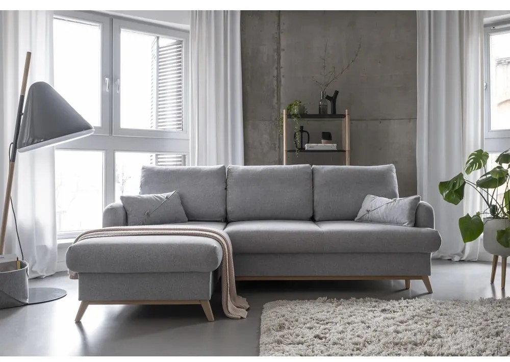 Világosszürke kinyitható-tárolóhelyes sarokkanapé (bal oldali-heverő résszel) Scandic Lagom – Miuform