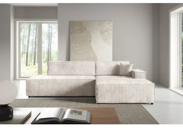 TERAMO L-alakú, ággyá alakítható jobb oldali sarokülőgarnitúra tárolóval, bézs