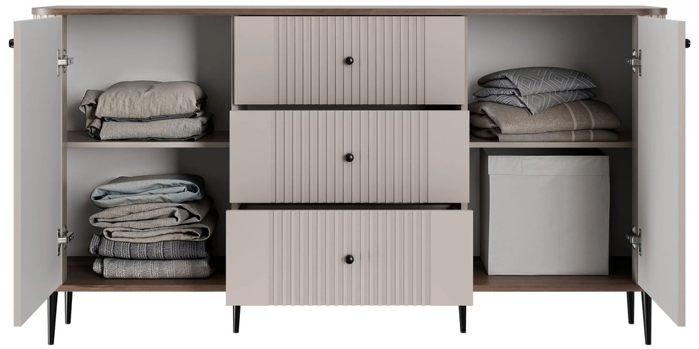 Vesper komód 160 cm fiókokkal lábakon - kasmír / dió / fekete lábak