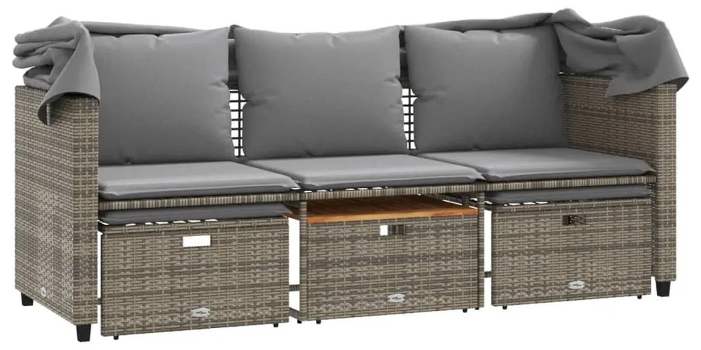 3 személyes szürke polyrattan kerti kanapé baldachinnal/székkel