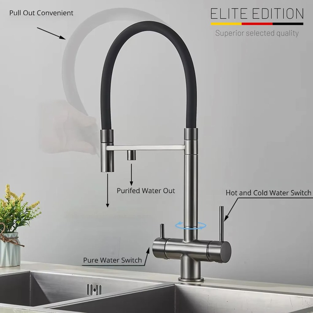 Konyhai csaptelep ELITE EDITION KA1643 vízszűrő-csatlakozással és kihúzható zuhanyfejjel, több színváltozatban — Gunmetal szürke