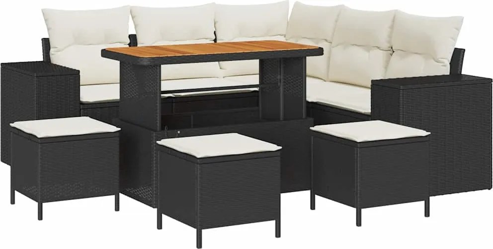 vidaXL Kerti Kanapé Szett párnával tárolóval 9 pcs Fekete és Krém