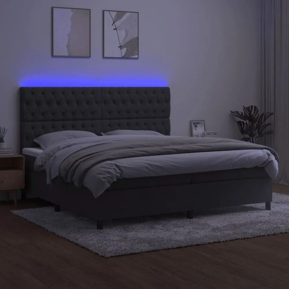 sötétszürke bársony rugós és LED-es ágy matraccal 200x200 cm