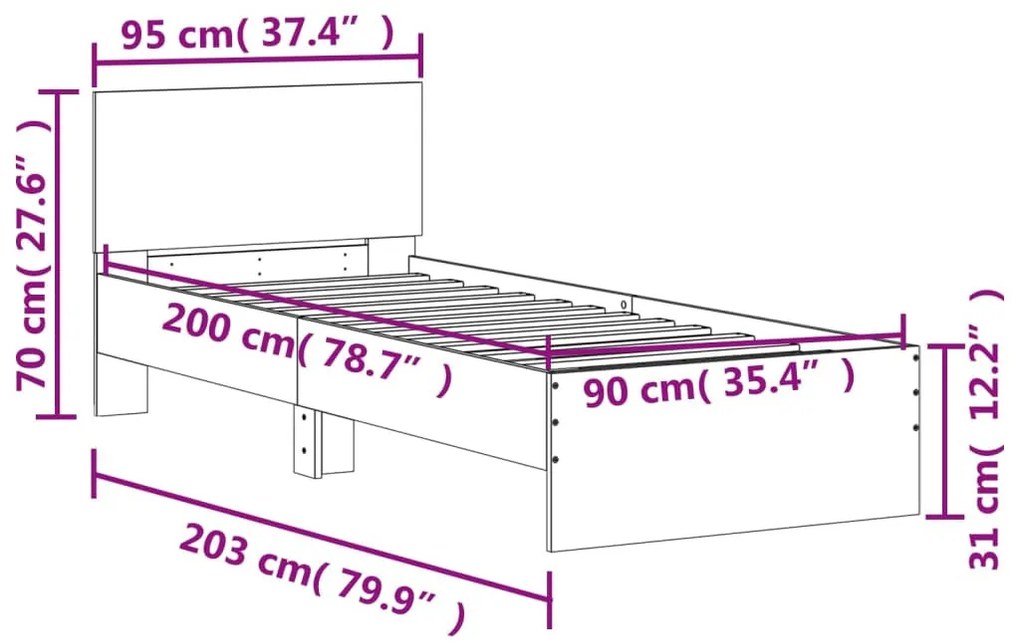betonszürke szerelt fa ágykeret fejtámlával 90 x 200 cm