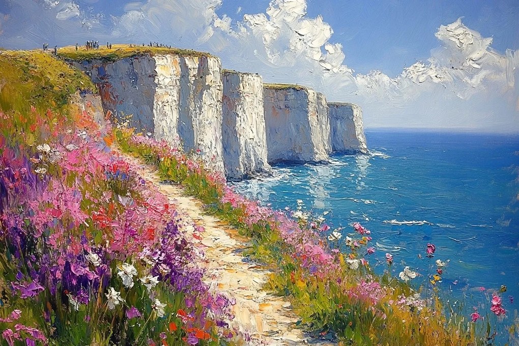 Vászonkép Canvas Sziklák Dover Sziklák Virágok Rét Tenger Nyár 120x80