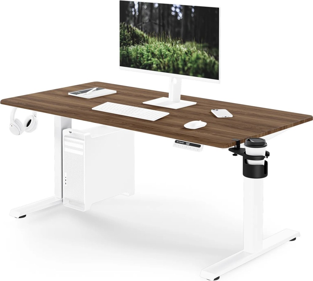 Elektromos, állítható magasságú, ergonomikus, fehér/dió íróasztal,1400x700 mm: ARIA