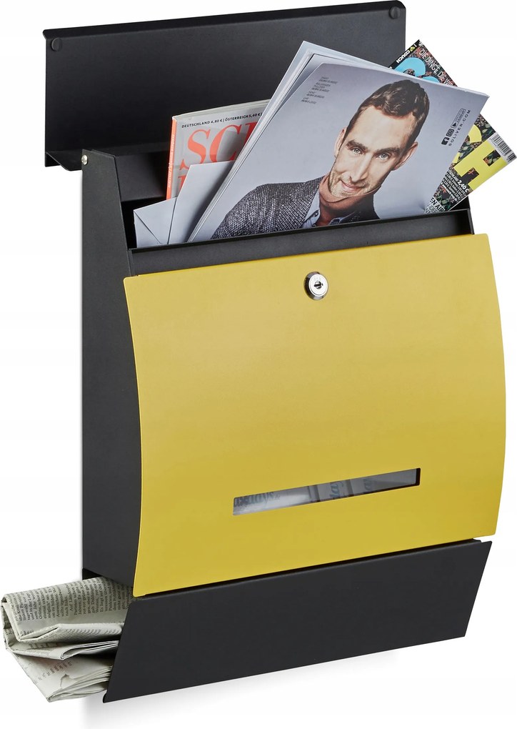 Postaláda újságtartóval fém fali fekete-sárga