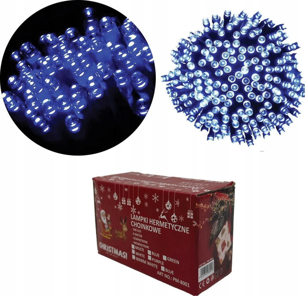 Hermetikus Led karácsonyfa izzósor 100 db kék 4 méter lánc