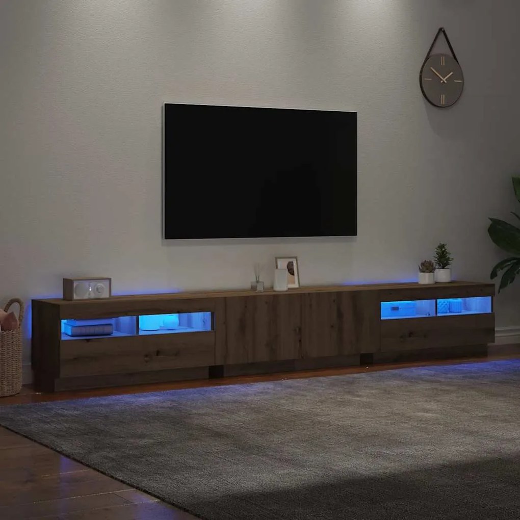 kézműves tölgy szerelt fa TV-szekrény LED-ekkel 260x35x40 cm