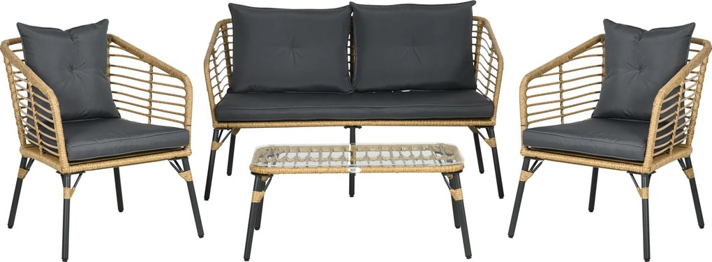 Outsunny 4 db-os Kerti Bútor Szett, Rattan Ülőgarnitúra Párnákkal, 3 Fotel és 1 Kávézóasztal, Balkoni Bútor Boho Stílusban 4 Személynek, Homok+Sötétsz