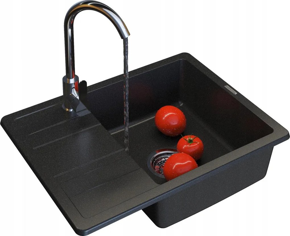 Gránit Mosogató Egymedencés Fekete Metál Szifon Csaptelep Paros