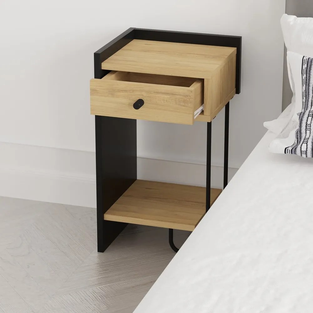 Fekete-natúr színű éjjeliszekrény tölgyfa dekorral Mercure – Marckeric