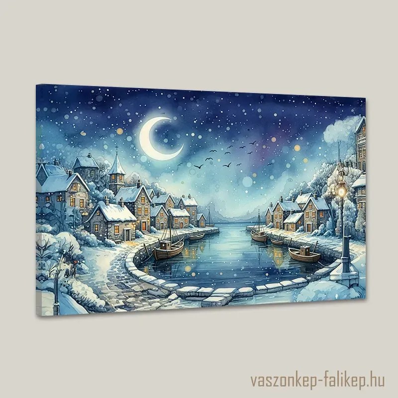 Téli holdfényes kikötő vászonkép – nyugalom és fény 60x40 cm